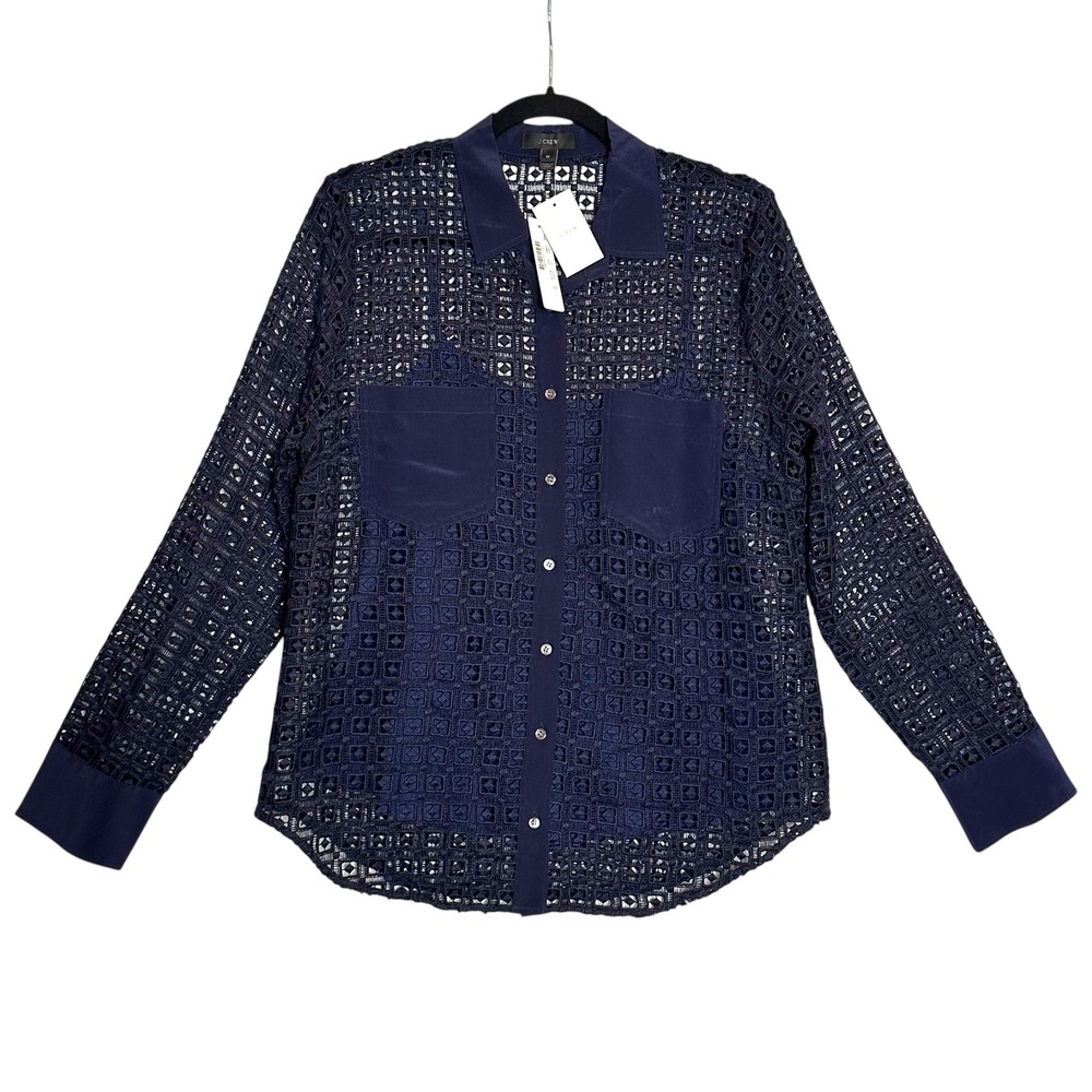 J. Crew Blue Geometric Lace Button Shirt Silk Pockets Long‎ Sleeve Womens 10 NWT